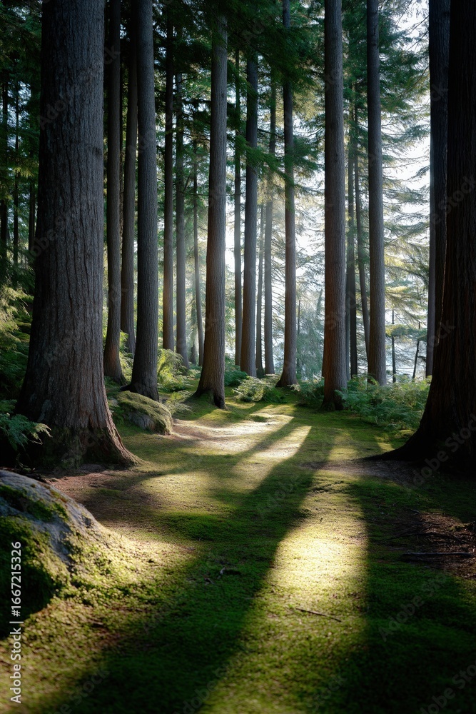 Fototapeta premium Sunlight streaming through majestic forest with tall trees and lush greenery