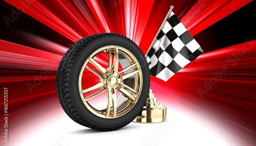 Gold Wheel with Checkered Flag, and Victory.