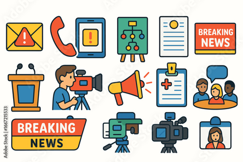 Communication, news flat icon set. media, broadcasting, social interaction icons collection