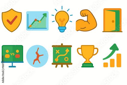 Business growth and success flat icon set. strategy, achievement, career symbols