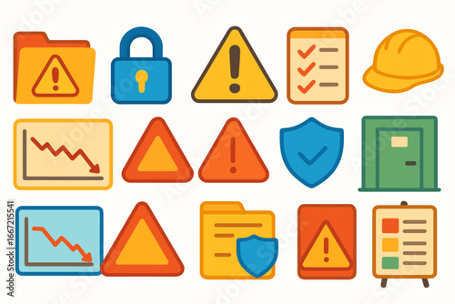 Safety and security flat icon set. alerts, warnings, protection symbols collection