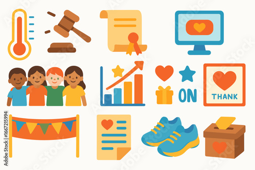 Charity, community flat icon set. volunteer, donation, support icons flat collection