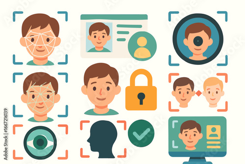 Biometric identification flat icon set. facial recognition, security icons collection