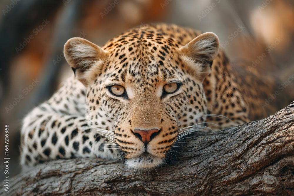 Obraz premium Leopard resting on a branch, majestic predator watching in the wild