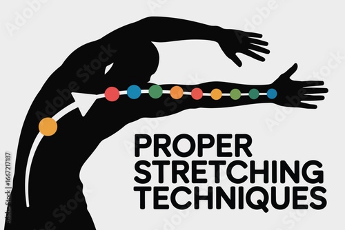 Illustration of stretching techniques with body silhouette and colorful dots indicating muscle groups