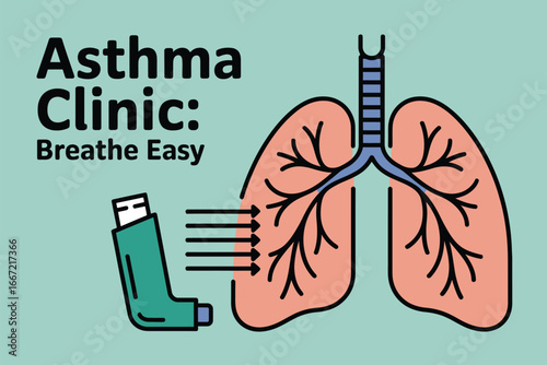 Illustration of lungs with an inhaler and asthma clinic breathe easy text on a light green background