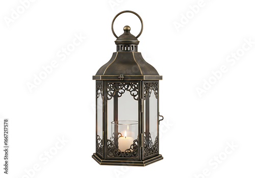 Ornate antique-style lantern with candle, showcasing intricate metalwork and clear glass panels, against a stark black backdrop.