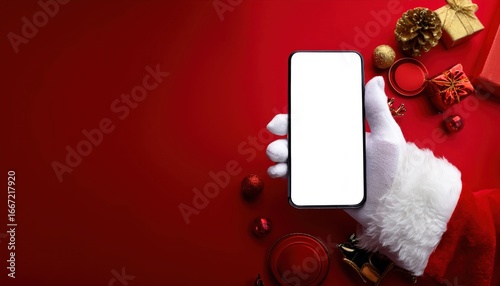 Christmas Special Application Display Santa’s Hand with Mobile Phone and Gifts on Red Background