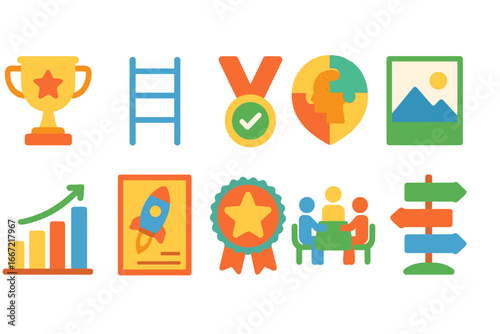 Business growth flat icon set. success, meeting, strategy, teamwork graphics collection
