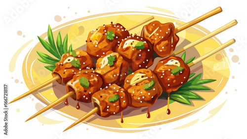 Savory teriyaki chicken skewers garnished with sesame seeds, golden glaze reflecting warmth, semi-realistic vector abstraction evoking timeless flavors, balance of texture, taste, and elegance.