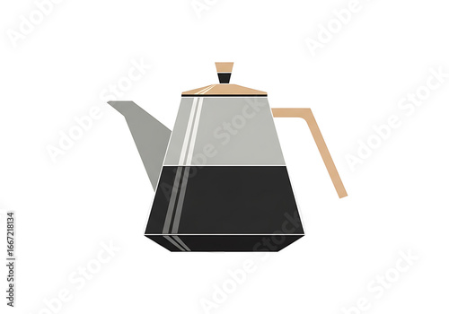 A modern, geometric coffee pot is depicted in grayscale and beige tones against a black backdrop.