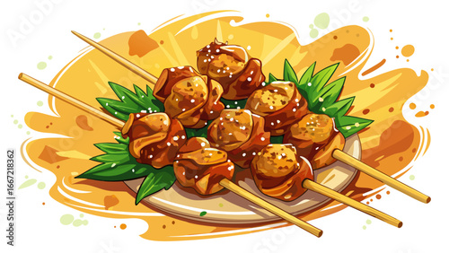 Savory teriyaki chicken skewers garnished with sesame seeds, golden glaze reflecting warmth, semi-realistic vector abstraction evoking timeless flavors, balance of texture, taste, and elegance.