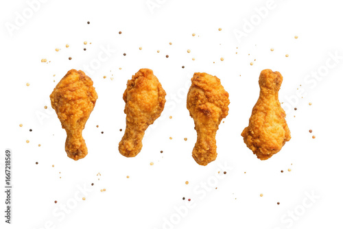 Four crispy fried chicken drumsticks isolated on transparent background