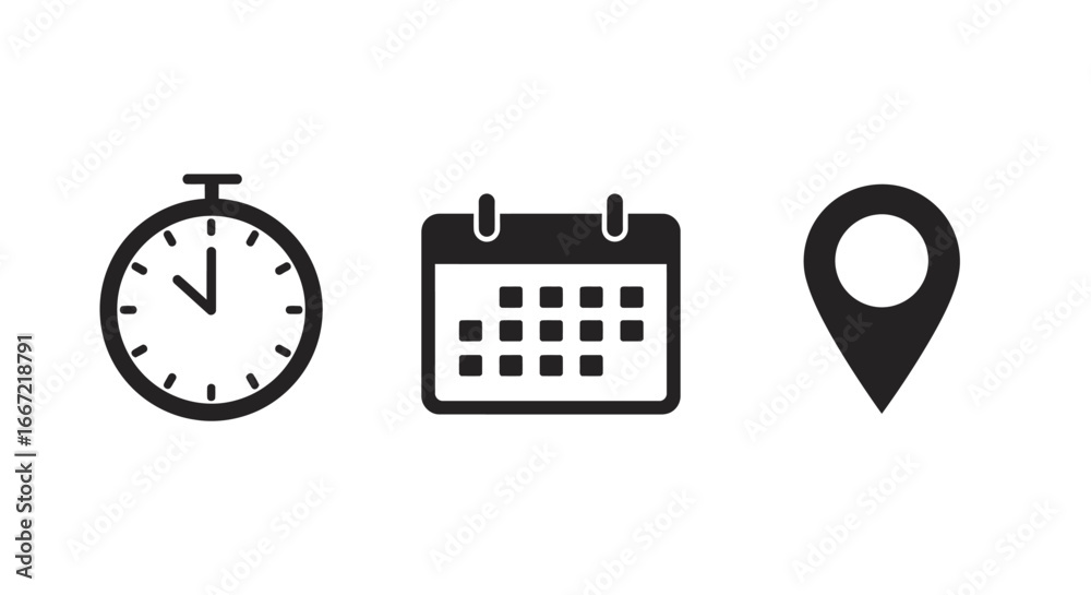 Time Date and Location Icons in Black Silhouette Style on White Background for Planning and Scheduling silhouette Time Date and Location Icons in Black Silhouette Style on White Background for Planning and Scheduling silhouette