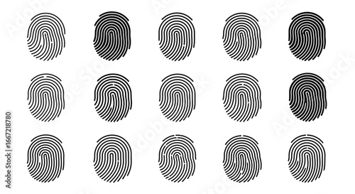 Collection of Fingerprint Patterns Arranged on White Background in Silhouette Style silhouette
