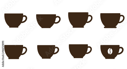 Four Coffee Cups in a Grid Pattern with a Brown Silhouette Style on White Background silhouette