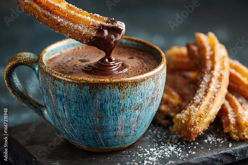Churros dipping into hot chocolate with sugar topping