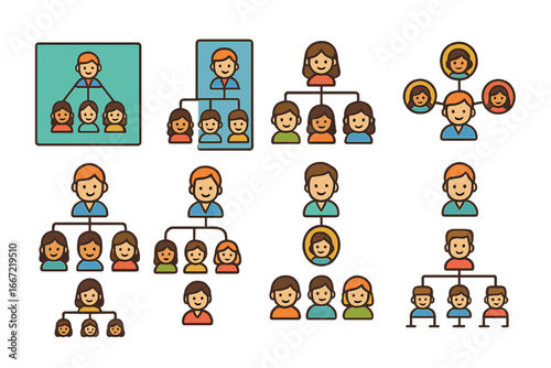 Family tree outline icon set. genealogy, relationships, heritage symbols collection