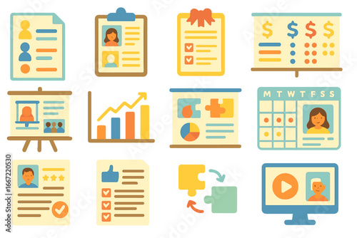 Business and analysis flat icon set. reports, charts, and graphs flat collection