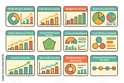 Finance and business analysis flat icon set for trend, growth, and review insights