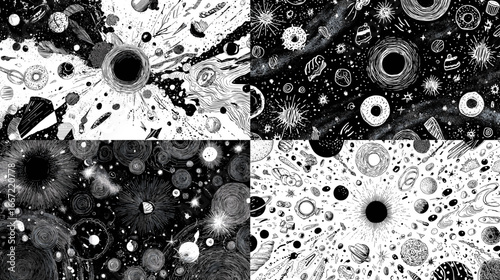 Abstract black and white cosmic pattern with circular forms resembling galaxies and planets. Surreal space-inspired illustration perfect for artistic design projects.