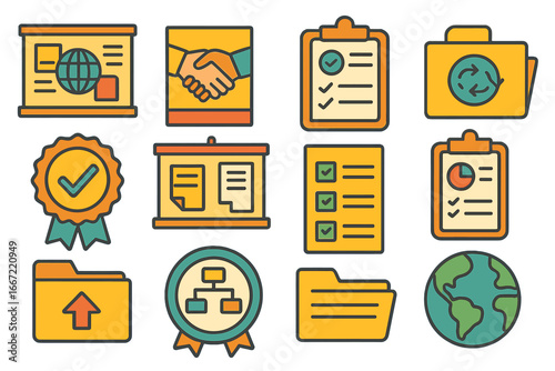 Business and management flat icon set: organized workflow and teamwork symbols