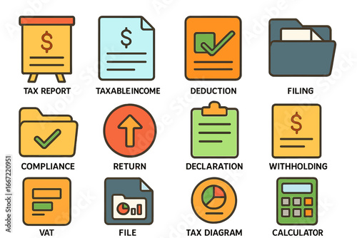Tax and accounting outline icon set. finance, compliance, vat, document icons