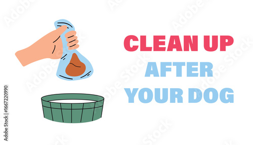 Clean up after your dog, no pooping sign. Pet care, owner responsibilities. Vector illustration in flat style.