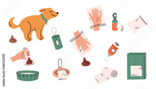 Clean up after your dog. Dog excrement. Set of icons for pet care and hygiene. Vector illustration in flat style.