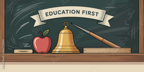 A cartoon style image of a chalkboard with education first banner and school related objects on a shelf
