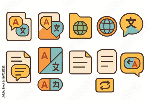 Translation, language outline icon set. communication, document, multilingual symbols