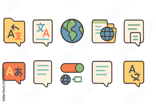 Translation, language flat icon set. multilingual communication, speech icons collection
