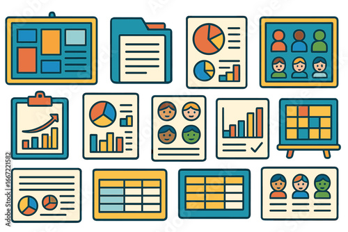 Data analytics flat icon set. charts, graphs, and data visualization flat collection
