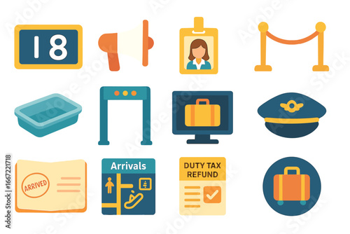 Travel and tourism icon set: flat style. airport, luggage, passport, security icons