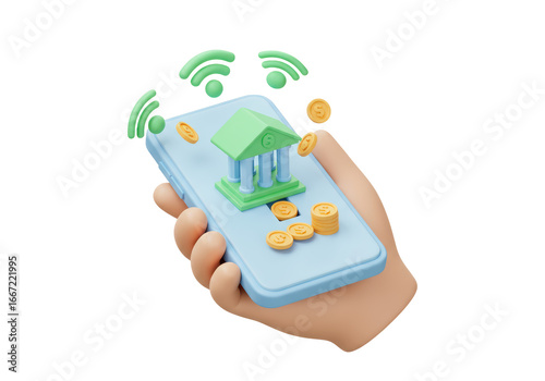 Isolated 3D Render of a Hand Holding a Smartphone with Mobile Banking App and Coins