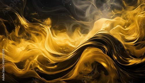 Golden Sparkling Abstract Background with Luxury Black Smoke and Underwater Acrylic Paint Explosion
