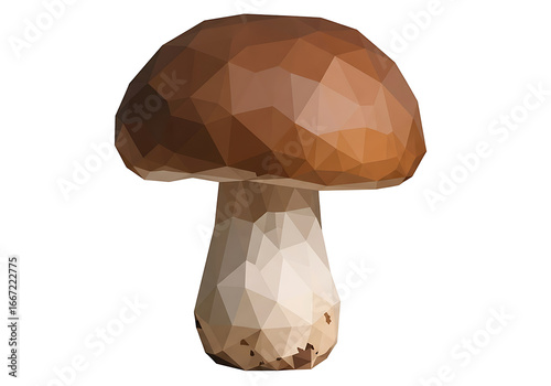 Low-poly mushroom design rendered in muted browns and creams against a stark black background.