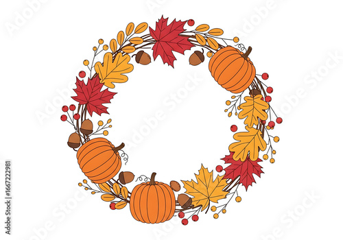 A circular wreath design showcases autumnal foliage, pumpkins, acorns, and berries against a black background.