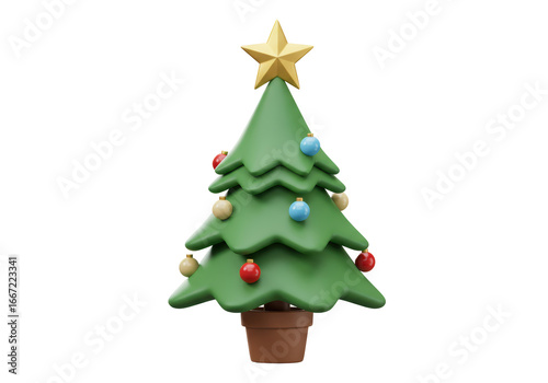 Isolated 3D Render of a Decorated Christmas Tree with Ornaments in a Pot