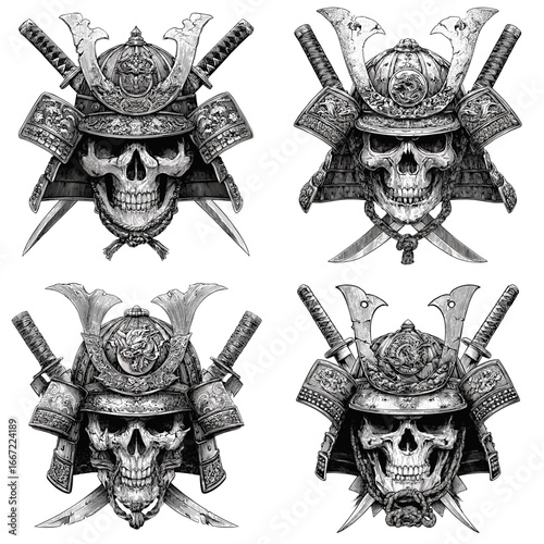 Gothic samurai skulls with ornate helmets and crossed swords in detailed engraving style. Dark warrior illustration perfect for tattoo, fantasy, and gothic design.