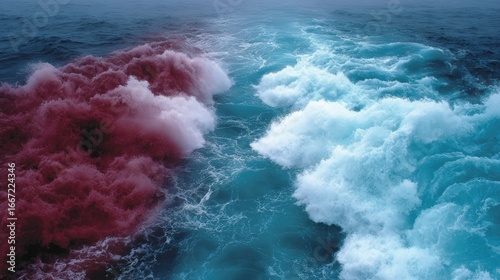 A visual representation of the sea with two opposing color waves merging. The scene features vibrant waves in two contrasting colors, colliding to create an abstract and dynamic effect.