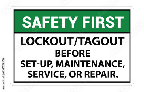 Caution Label: Lockout/Tagout Before Set-Up, Maintenance, Service Or Repair. Lockout/Tagout  sign, logo, badge, icon, sticker, label, emblem, stamp, symbol, black, line, flat vector.