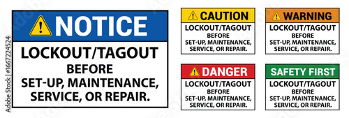 Caution Label: Lockout/Tagout Before Set-Up, Maintenance, Service Or Repair. Lockout/Tagout  sign, logo, badge, icon, sticker, label, emblem, stamp, symbol, black, line, flat vector.