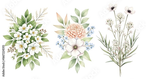 Wallpaper Mural Collection of three delicate watercolor floral bouquets with white, peach, and blue blossoms and green leaves, isolated on a white background Torontodigital.ca