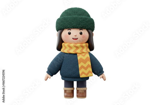 Isolated 3D Render of a Cute Cartoon Child Dressed in Winter Clothes, Seasonal Attire