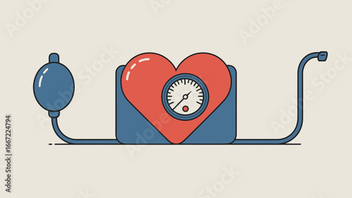 A cartoon blood pressure monitor with a heart shaped gauge and a blue pump on a light background