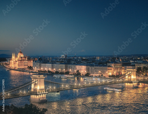 Budapest Parliament and Chain Bridge at dusk over the Danube River