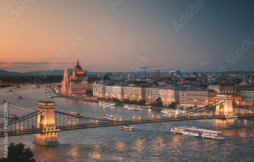 Budapest Parliament and Chain Bridge at dusk over the Danube River