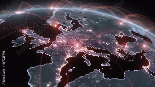 Globe shows Europe with connections, lights indicating digital activity