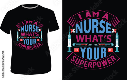Nurse superpower graphic with medical icons and text on black background healthcare syringe